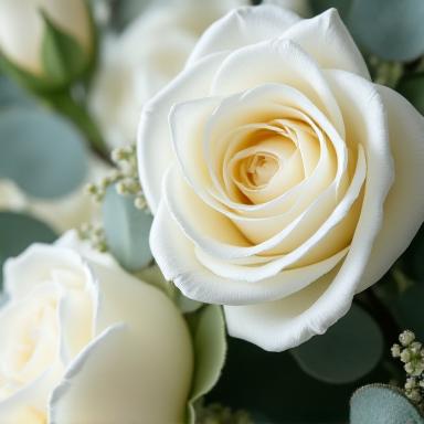 Dettaglio di un allestimento nuziale con rose bianche e eucalipto.