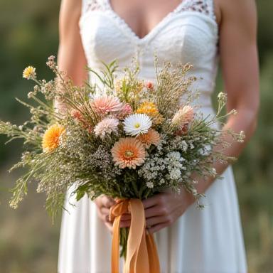 Bouquet da sposa con fiori di campo e nastri di seta.