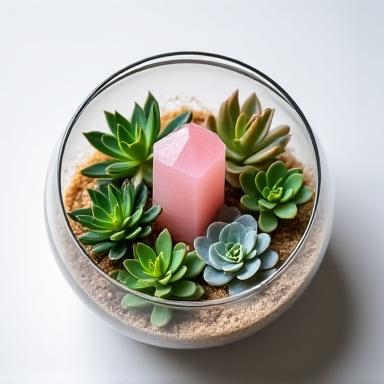 Terrario aperto con piante grasse e una punta di quarzo rosa.