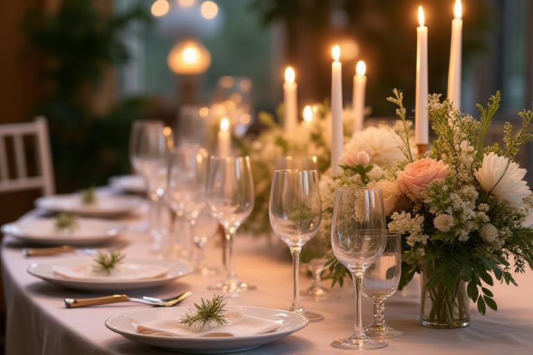 Tavolo di un matrimonio decorato con composizioni floreali e candele.