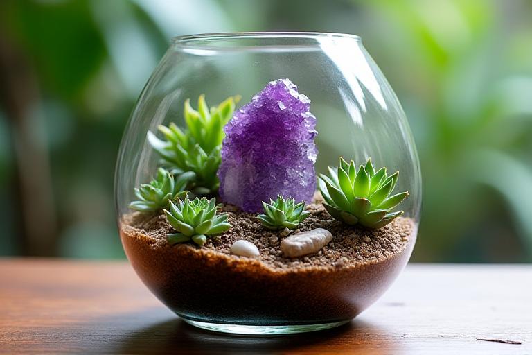 Un terrario di vetro con piante grasse e un cristallo di ametista.